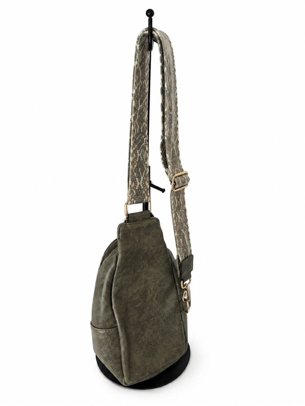 Gray Textured Crossbody Sling Bag with Patterned Strap
